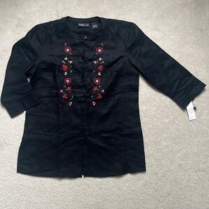 100% linen embroidered button up tunic top NEW size 8 black